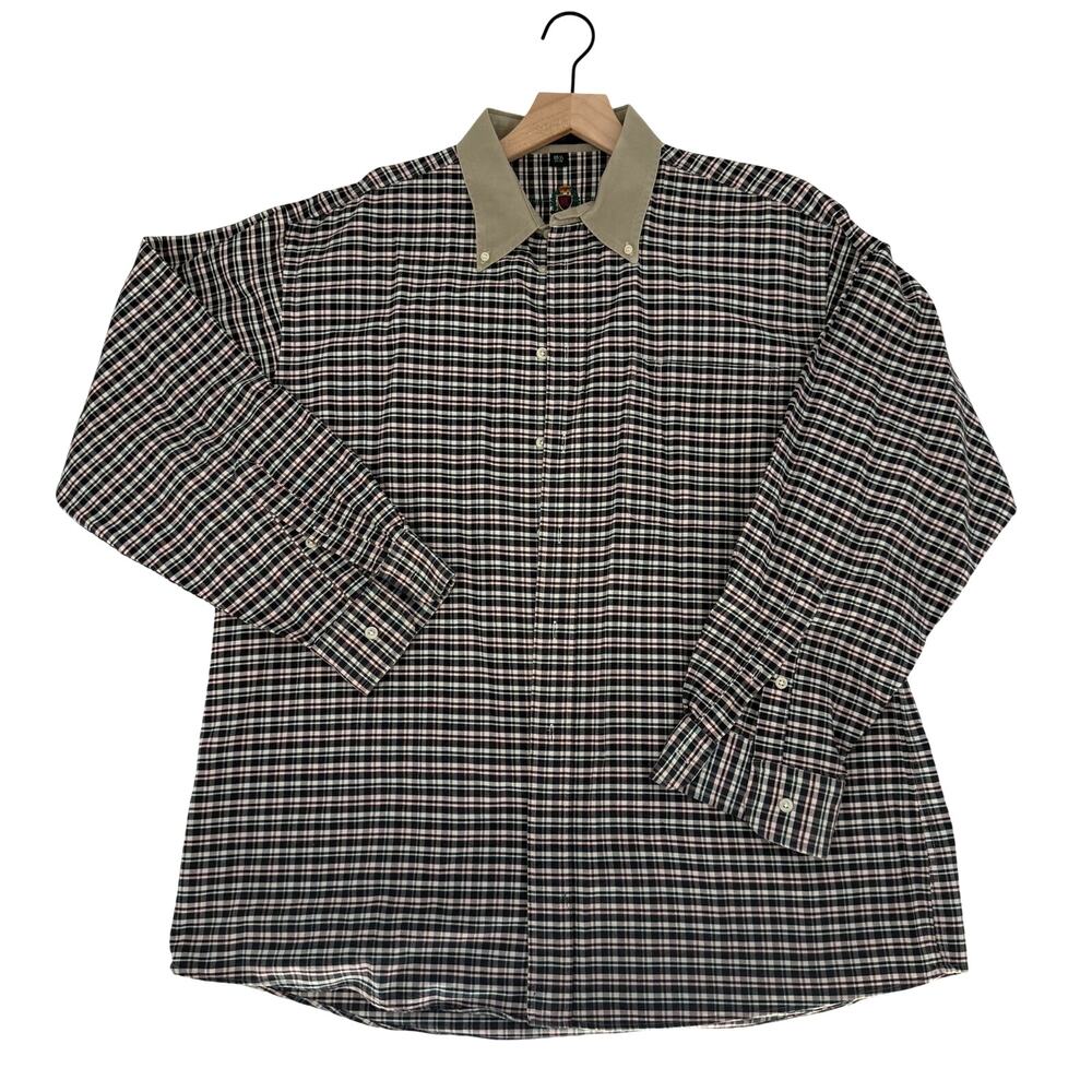 Vintage 90s Hunt Club Mens Large 16.5 Plaid Button Shirt Tan Contrast Collar
